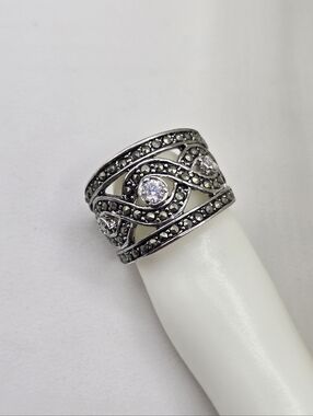 Swarovski Crystal Elements Silver Marcasite Ring Wide Band Size 5.75 Prom Bridal